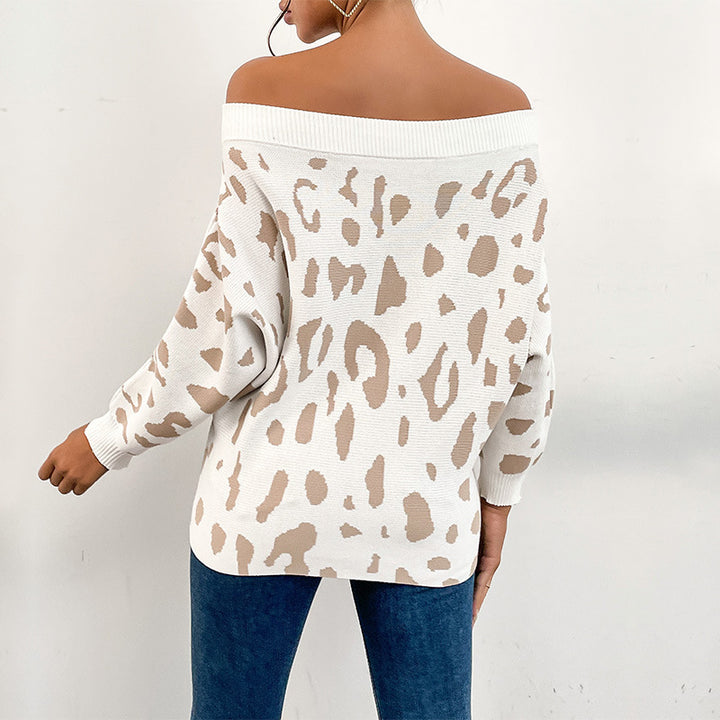 Damen lässiger Pullover mit Off-Shoulder-Design und Leopardenmustern Drune