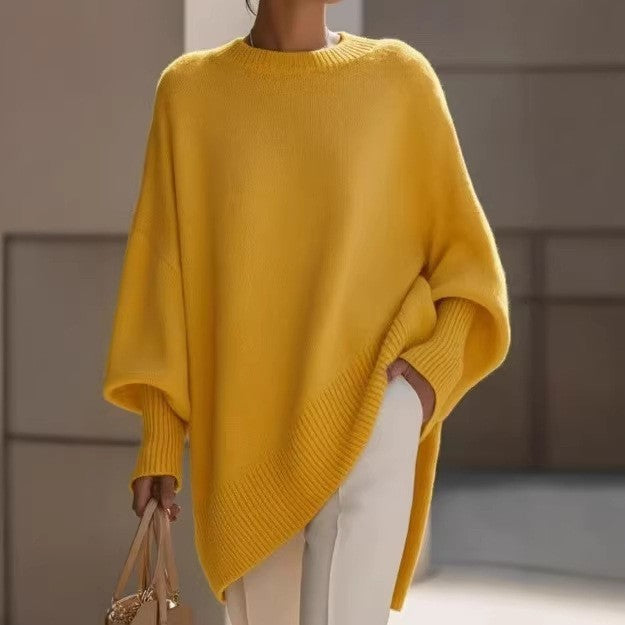 Damen nan Oversize Strickponcho mit asymmetrischem Saum und gerippten Ärmeln Drune