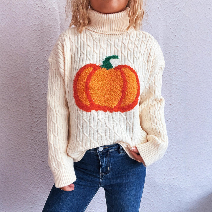 Damen Strickpullover mit Rollkragen und fröhlichem Kürbisdesign Drune