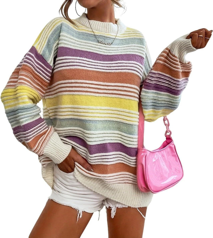 Damen gestreifter Oversize-Pullover mit Rundhalsausschnitt und lässiger Passform Drune