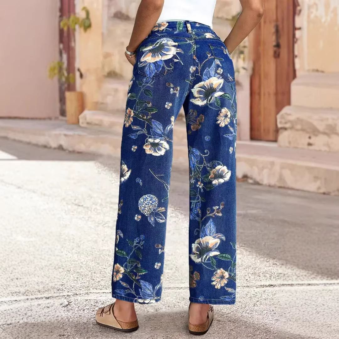 Damen Weit geschnittene Jeans mit floralem Druck und hohem Bund Drune