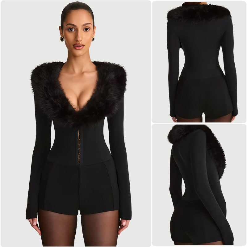 Damen Jumpsuit mit königlichem Fellkragen und figurbetontem Schnitt Drune