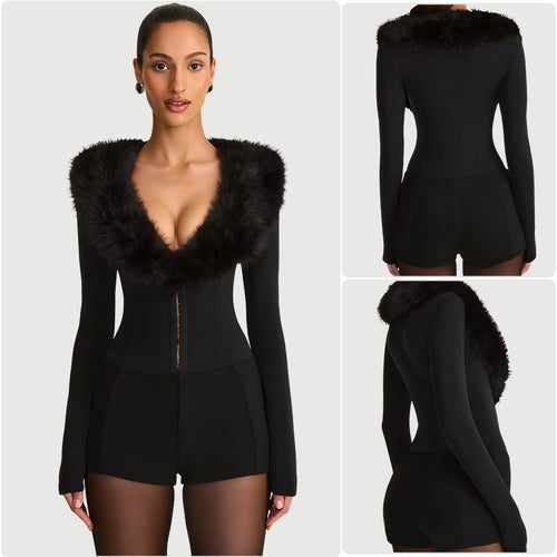 Damen Jumpsuit mit königlichem Fellkragen und figurbetontem Schnitt Drune
