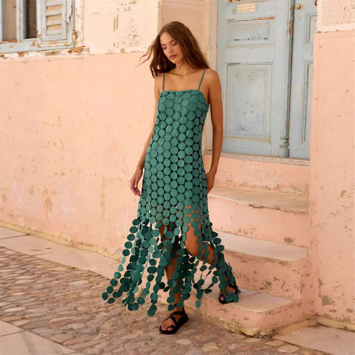 Damen Maxikleid mit dekorativen Häkelapplikationen und seitlichen Schlitzen Drune
