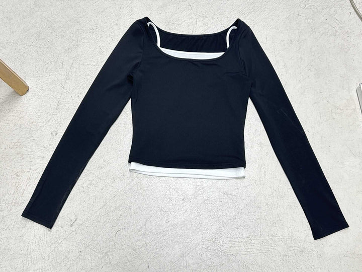 Damen nan tailliertes Longsleeve-Cropped-Top mit eckigem Ausschnitt und doppelten Spaghettiträgern Drune