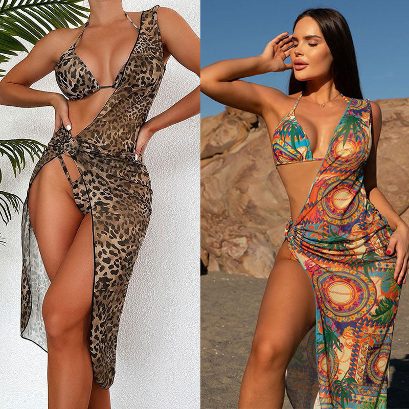 Damen Bikiniset mit Leopardmuster und transparentem Cover-Up Drune