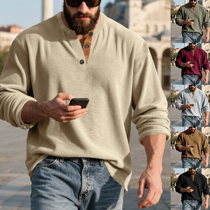 Herren nan langärmeliges Henleyshirt aus strukturierter Baumwollmischung mit Zierknopfleiste Drune