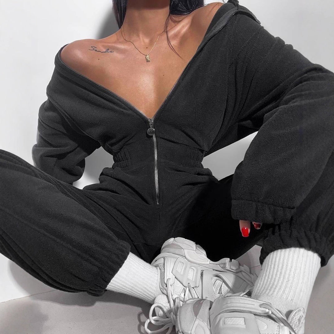 Damen Fleece-Jumpsuit mit Reißverschluss und Kapuze Drune