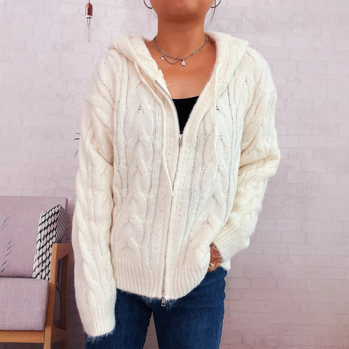 Damen gestreifter Grobstrick-Zip-Hoodie mit Kapuze und weichem Material Drune