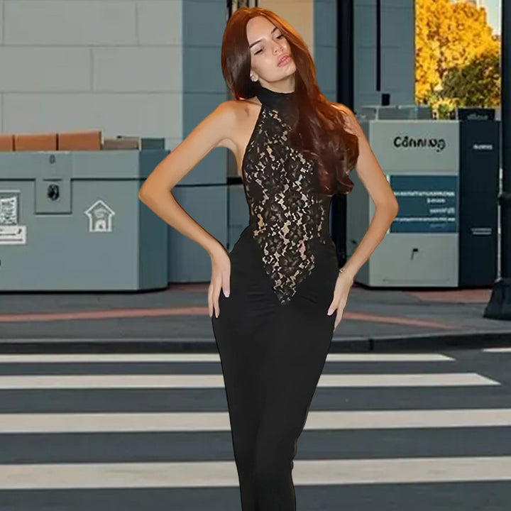 Damen Elegantes Spitzen-Maxikleid mit tiefem V-Ausschnitt und figurbetontem Schnitt Drune