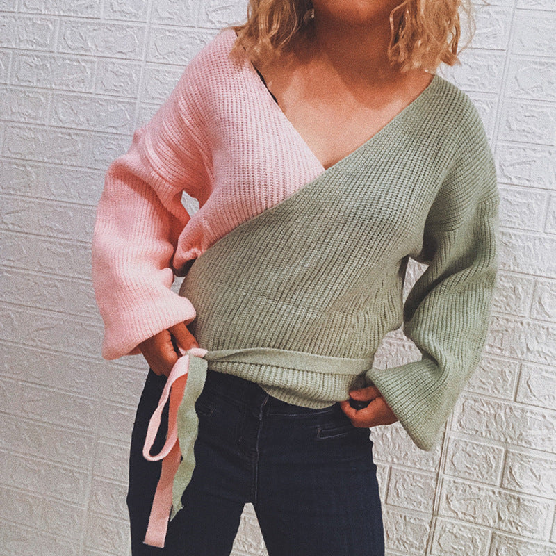 Damen Wickelpullover mit elegantem Rippdesign und modischen Bindebändern Drune