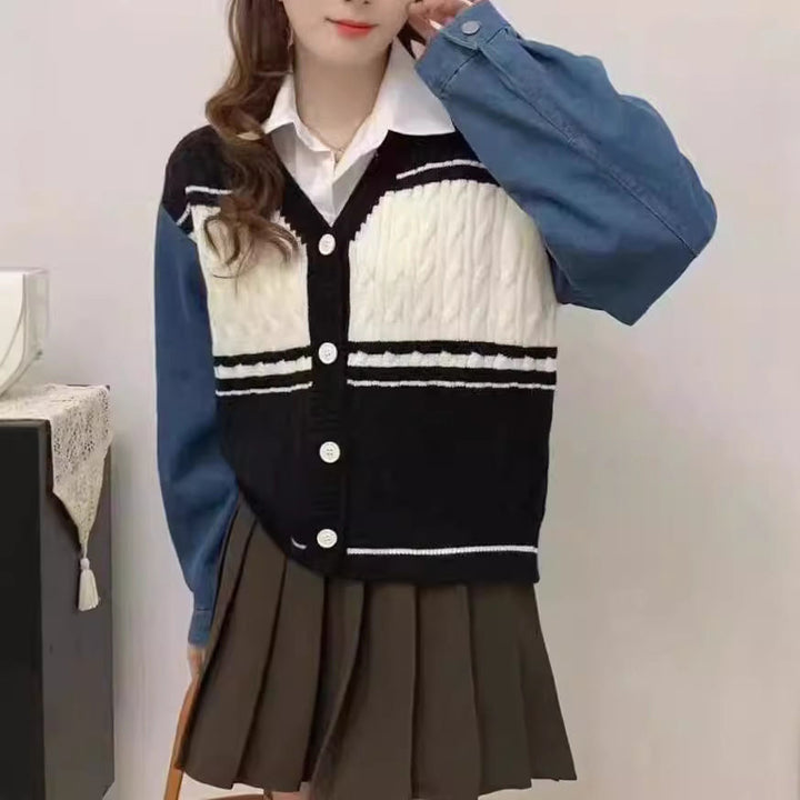 Damen Modische Strickjacke mit Denim-Ärmeln Drune
