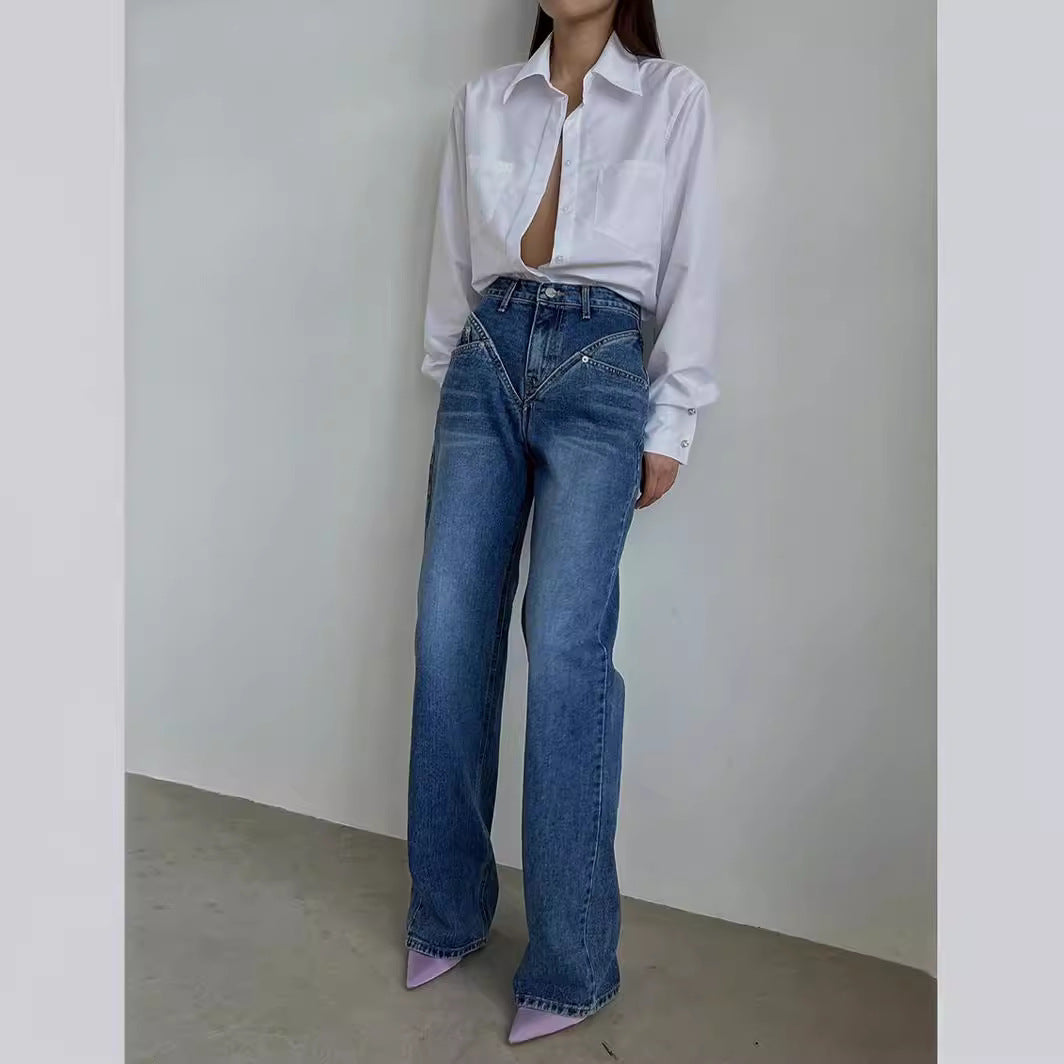 Damen nan hochgeschnittene weite Denim-Hose mit V-förmiger Bundnaht und extra-langem Bein Drune