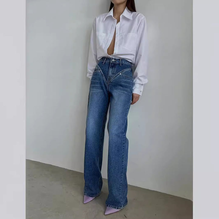 Damen nan hochgeschnittene weite Denim-Hose mit V-förmiger Bundnaht und extra-langem Bein Drune