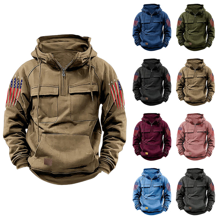 Herren nan Kapuzenpullover mit Halbzip, Cargo-Brusttaschen und Kängurutasche Drune