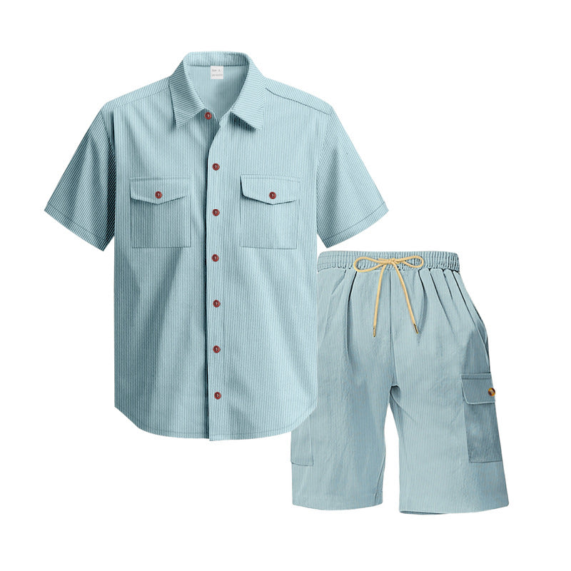 Herren nan strukturiertes Kurzarmhemd und Bermuda-Set mit Pattentaschen und elastischem Bund Drune
