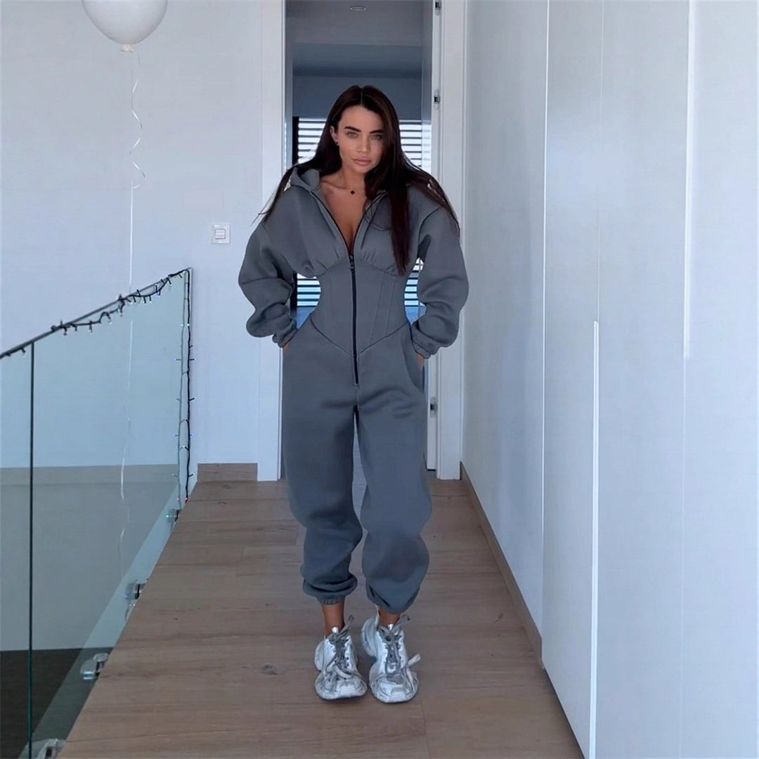 Damen Sportlicher Fleece-Jumpsuit mit hohem Kragen und trendiger Silhouette Drune