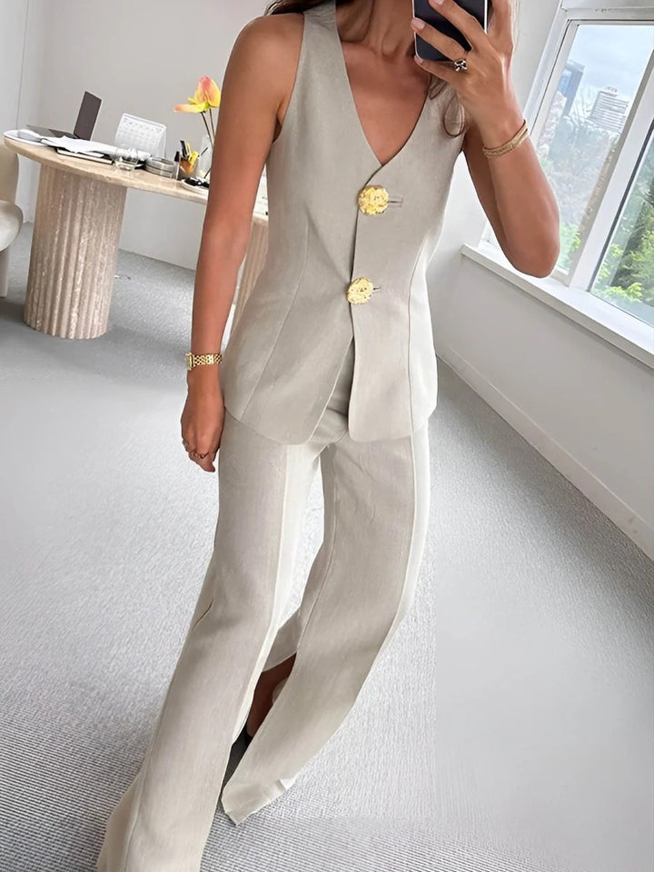 Damen elegantes Jumpsuit mit vordere Knopfleiste und weitem Bein Drune