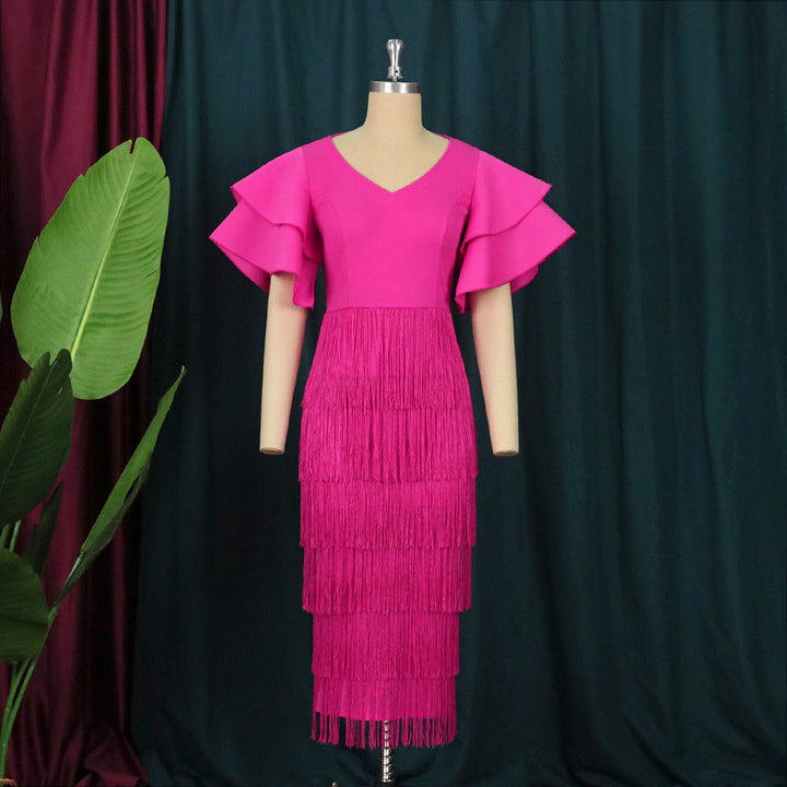 Damen Cocktailkleid mit voluminösen Rüschenärmeln und Fransen-Saum Drune