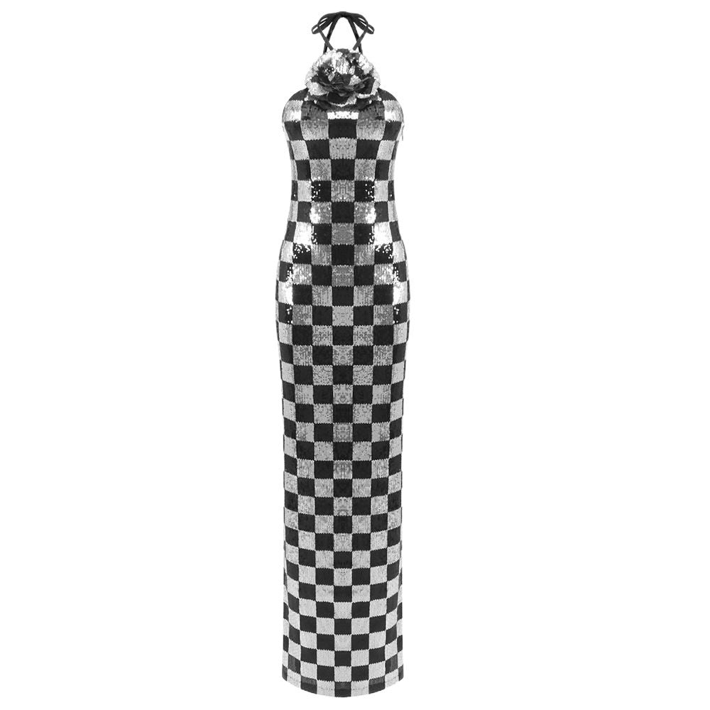 Damen Figurbetontes Schachmuster-Maxikleid mit glitzernden Pailletten Drune