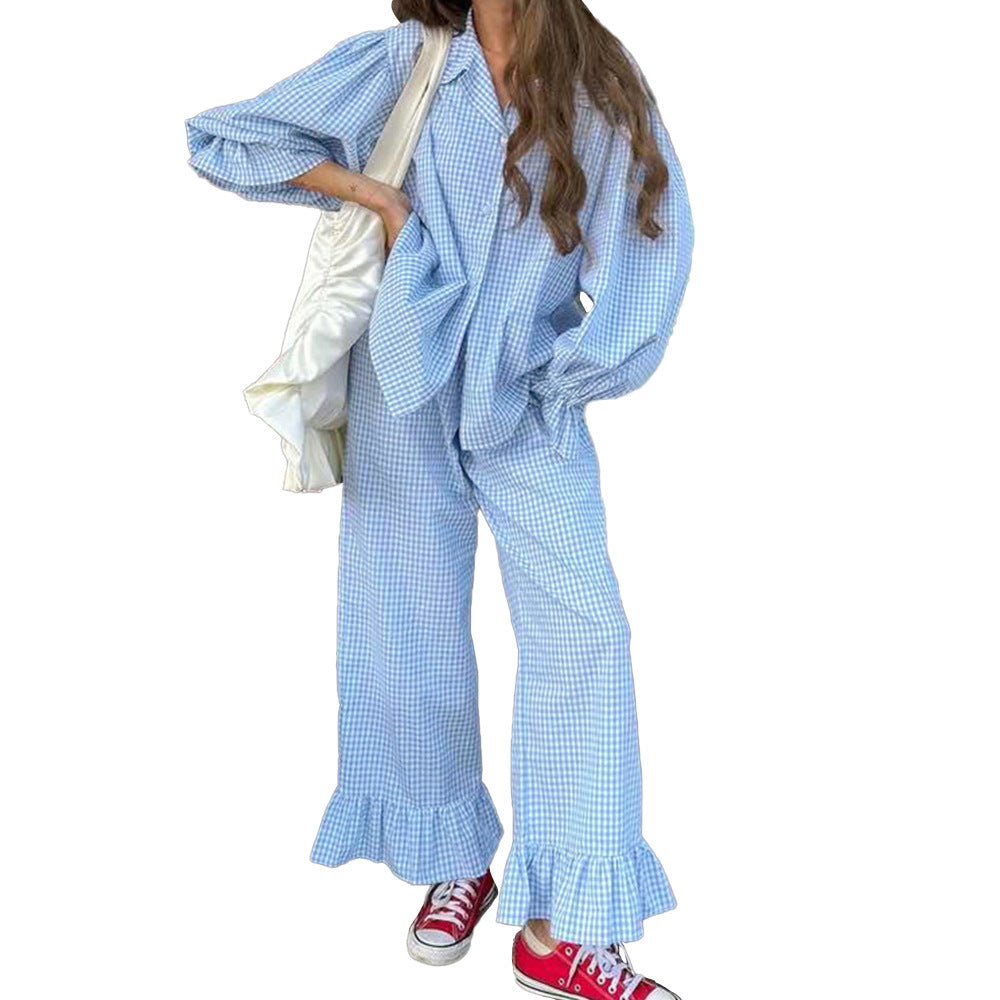 Damen Lässiges Karomuster-Pyjama-Set mit voluminösen Ärmeln und Rüschen Drune