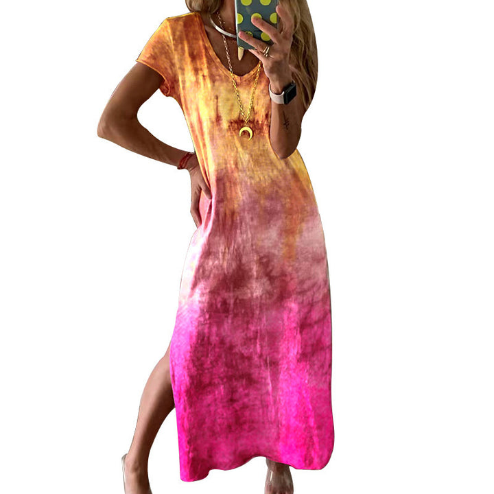 Damen Langarm-Maxikleid mit modernem Tie-Dye-Muster und V-Ausschnitt Drune