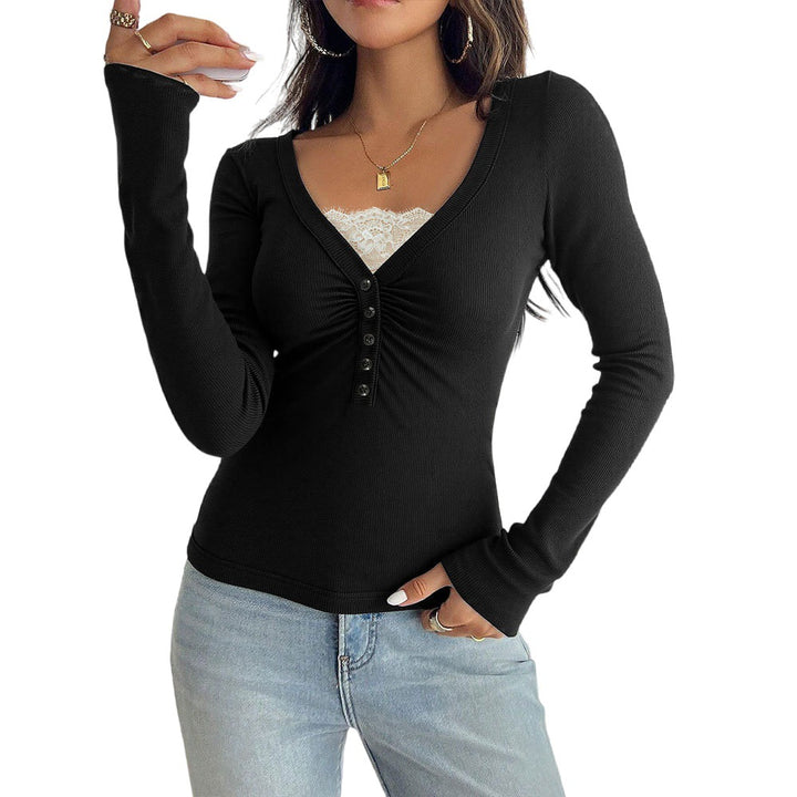 Damen Langarmshirt mit modischem V-Ausschnitt und knöpfbarem Design Drune
