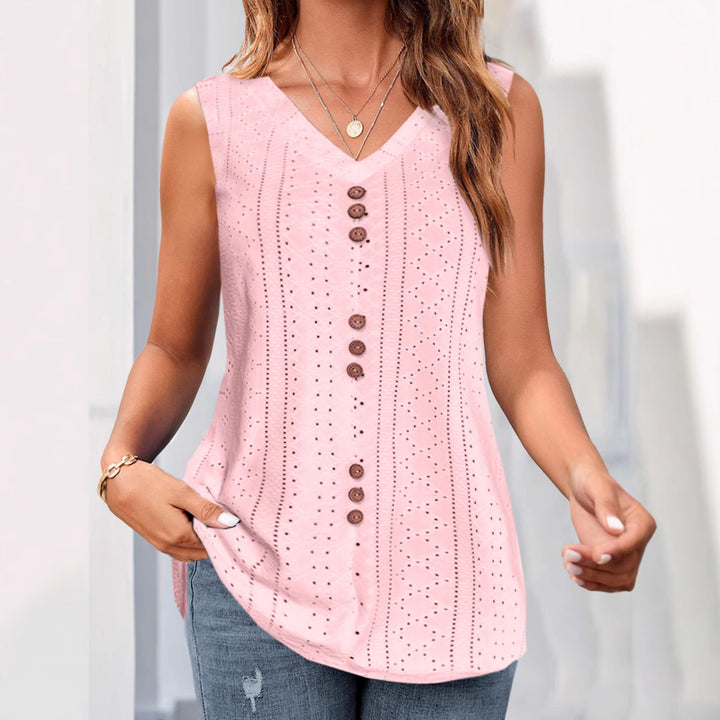 Damen ärmelloses Blusenshirt mit filigranem Lochmuster und Knopfleiste Drune