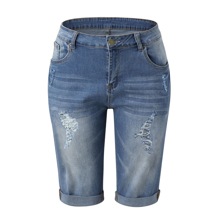 Damen Modische Destroyed Denim-Shorts mit Hohem Bund und Aufgerissenen Details Drune