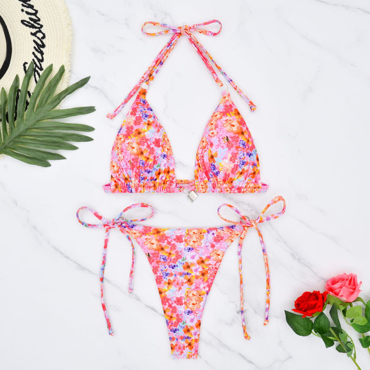 Damen Triangel-Bikini mit verspielten Bindebändern und Blumenmuster Drune