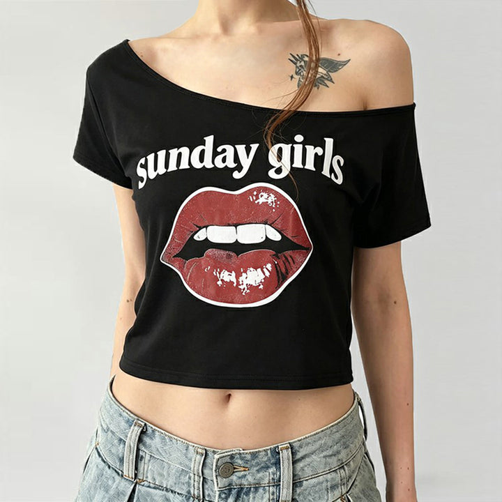 Damen Trendiges Crop-Top mit modernem Lippenprint Drune
