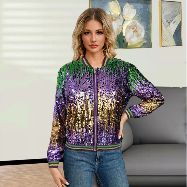 Damen Glitzernde Bomberjacke mit schimmernden Pailletten und sportlichem Schnitt Drune