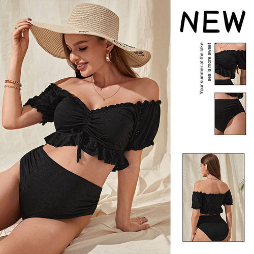 Damen Hochtaillierter Bikini mit lässigem Puffärmel-Oberteil Drune