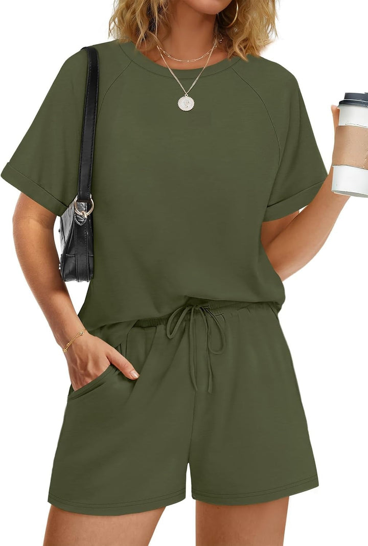 Damen lässiger Kombi aus T-Shirt und Shorts mit elastischem Bund Drune