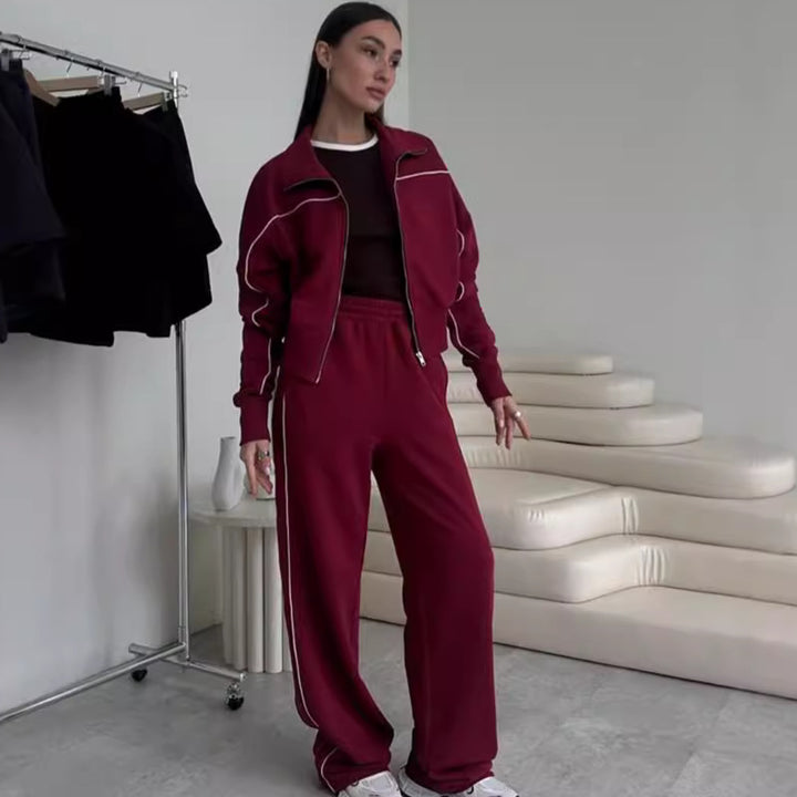 Damen nan zweiteiliges Sport-Loungewear-Set mit Stehkragen und Kontrastpaspel Drune