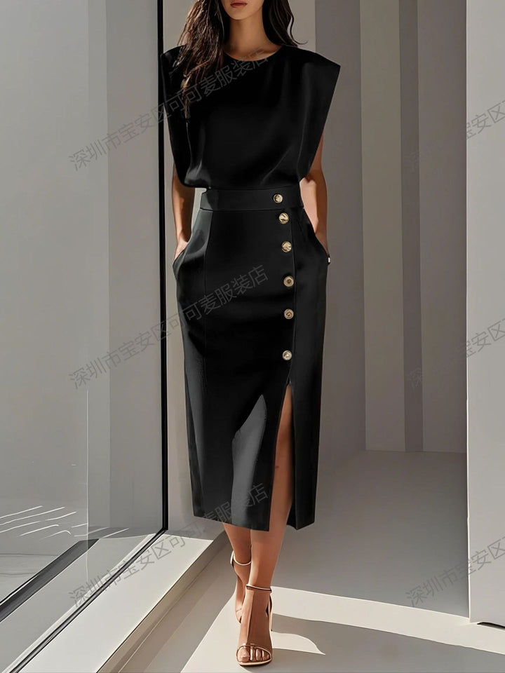 Damen Elegantes Abendkleid mit hohen Schultern und seitlichem Schlitz Drune