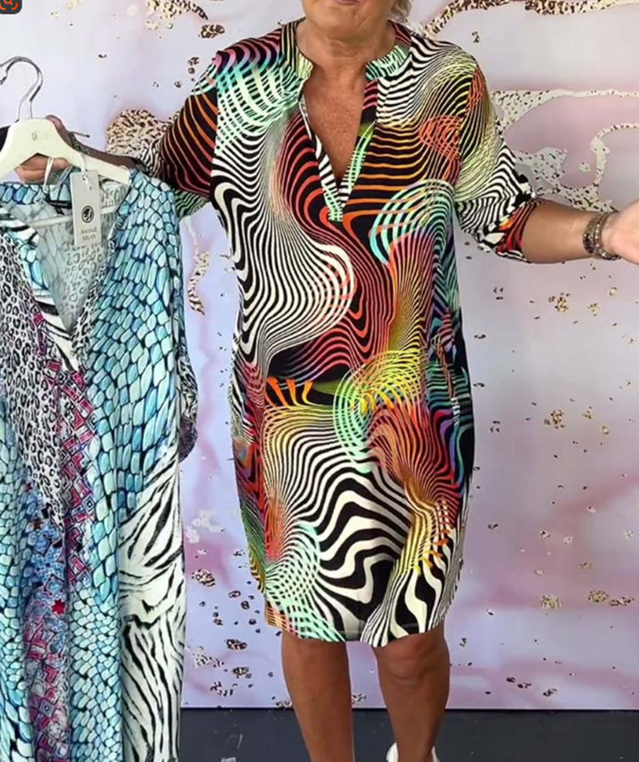 Damen nan locker fallendes V-Ausschnitt Jerseykleid mit abstraktem Wellenprint und knielangem Schnitt Drune
