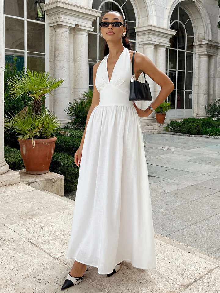 Damen Maxikleid mit tieferem V-Ausschnitt und fließendem Rock Drune