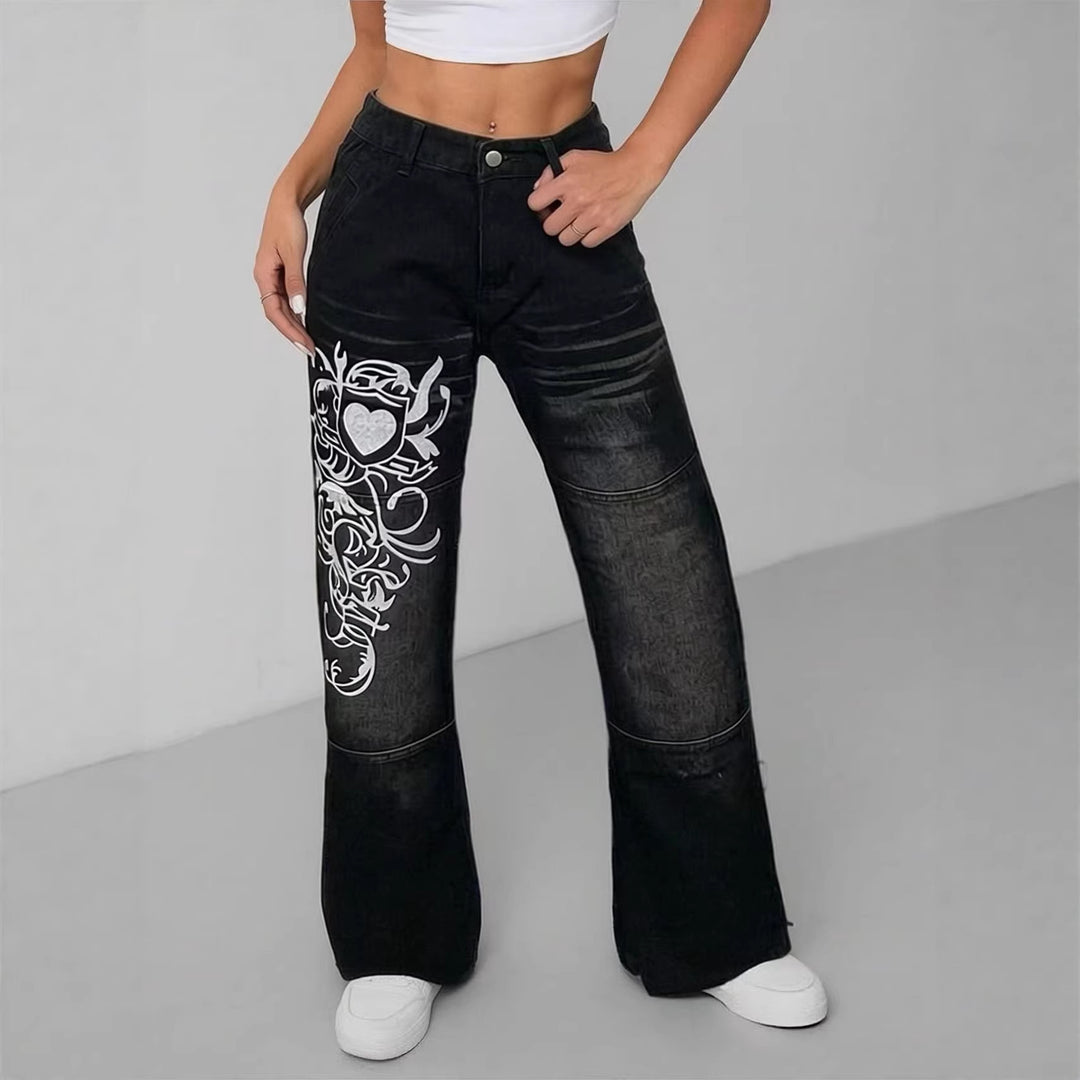 Damen weite Jeans mit kunstvollem Aufdruck Drune