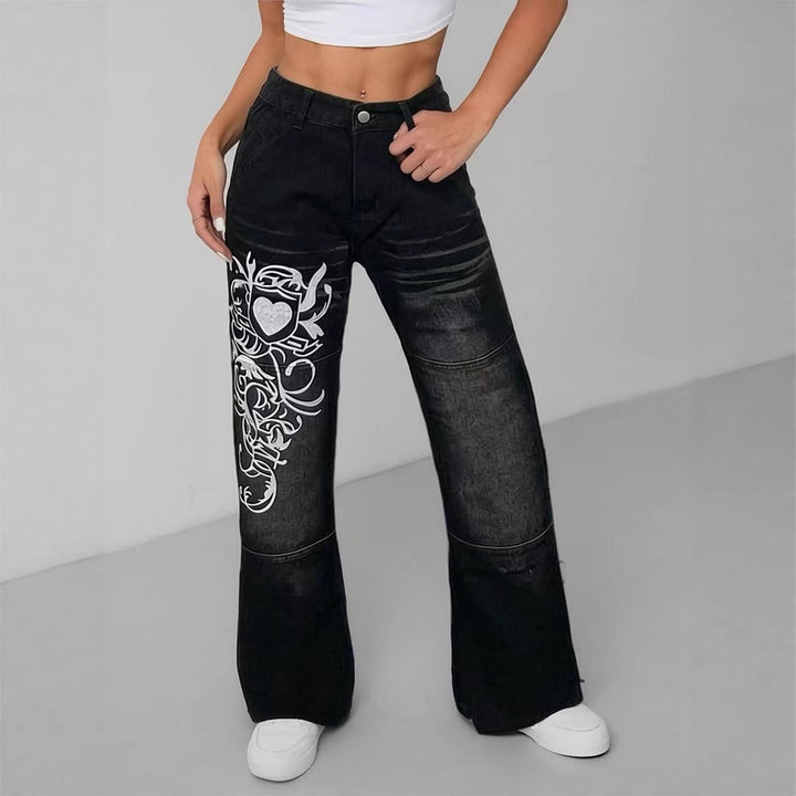 Damen weite Jeans mit kunstvollem Aufdruck Drune
