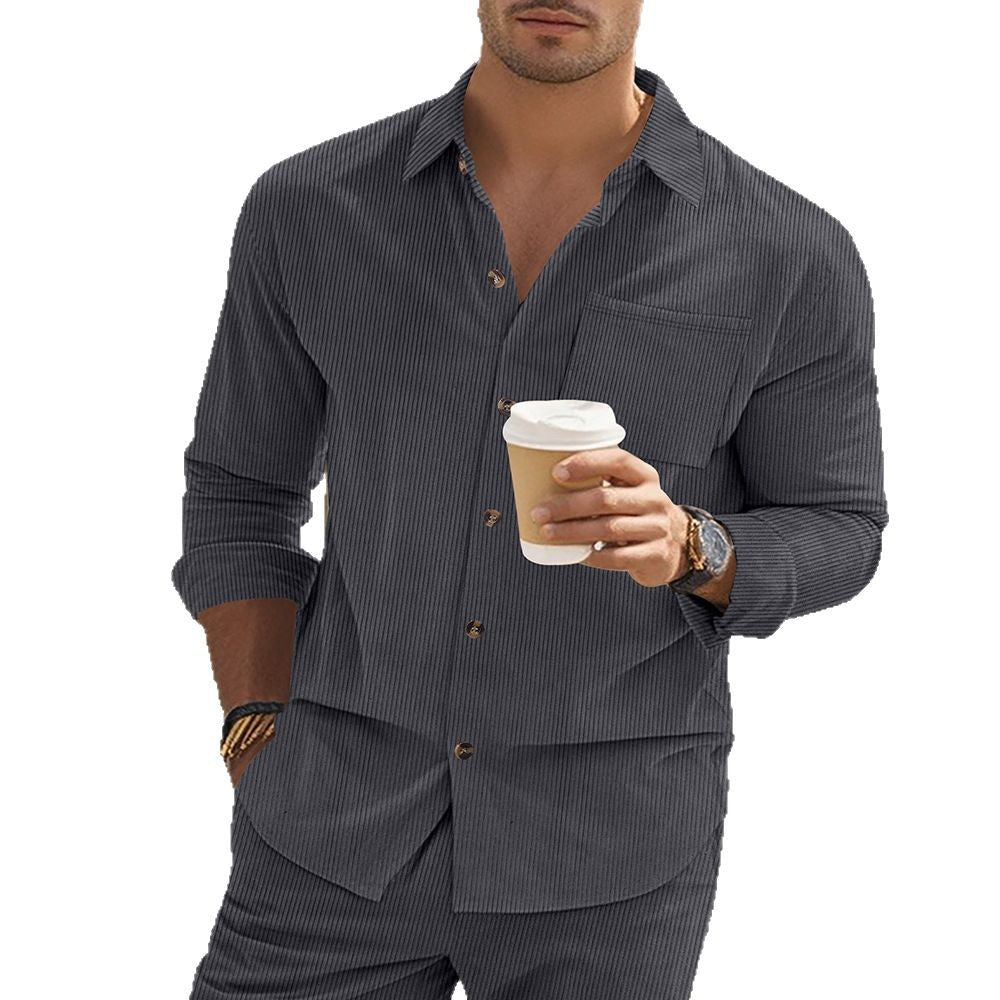 Herren gestreiftes Langarmshirt mit modischem Stehkragen und praktischer Brusttasche Drune