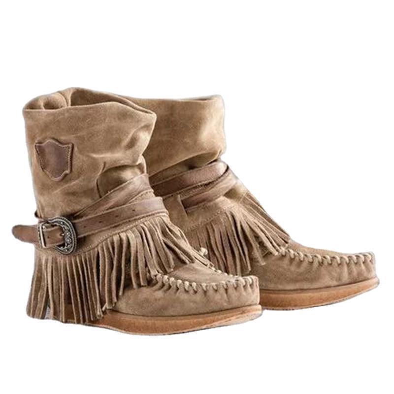 Damen nan Mokassin-Stiefelette mit Fransen, dekorativer Zierschnalle und handgenähter Mokassin-Naht Drune