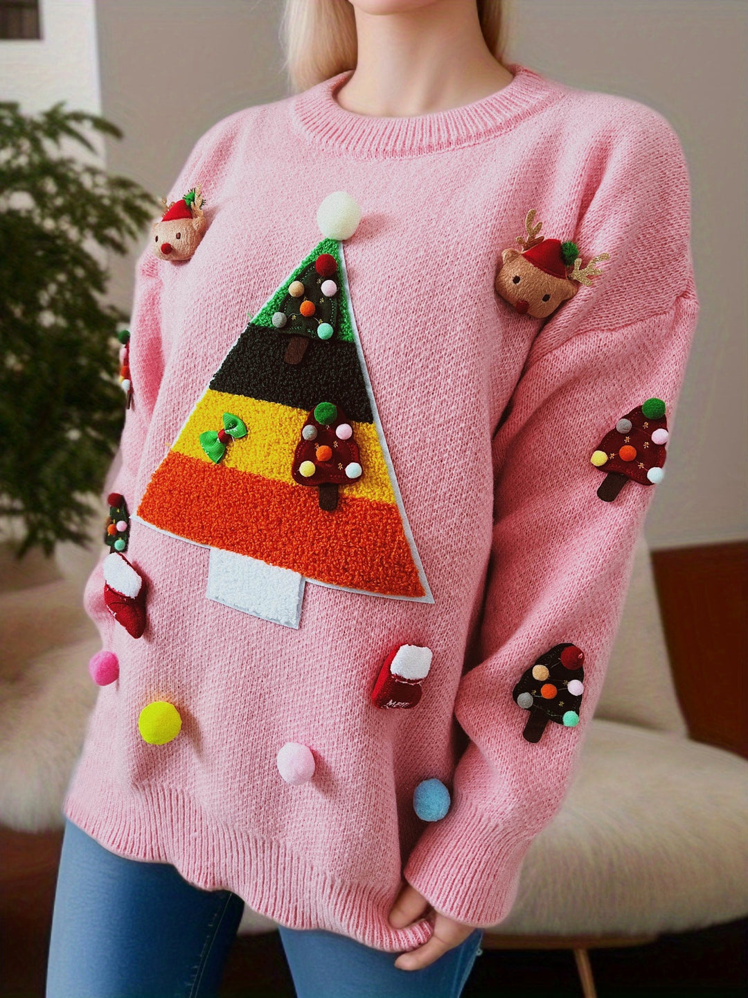 Damen Weihnachts-Pullover mit festlichem 3D-Motiv und dekorativen Applikationen Drune