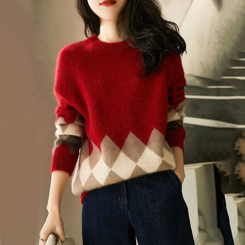 Damen lässiger Strickpullover mit modernem Rhombenmuster und weichem Material Drune