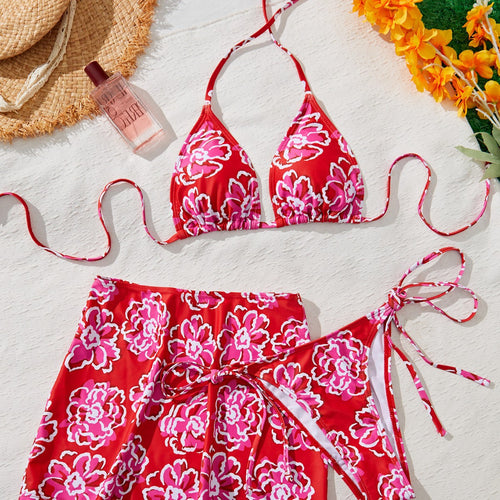 Damen Bikini-Set mit floralem Rock und raffinierten Bindebändern Drune