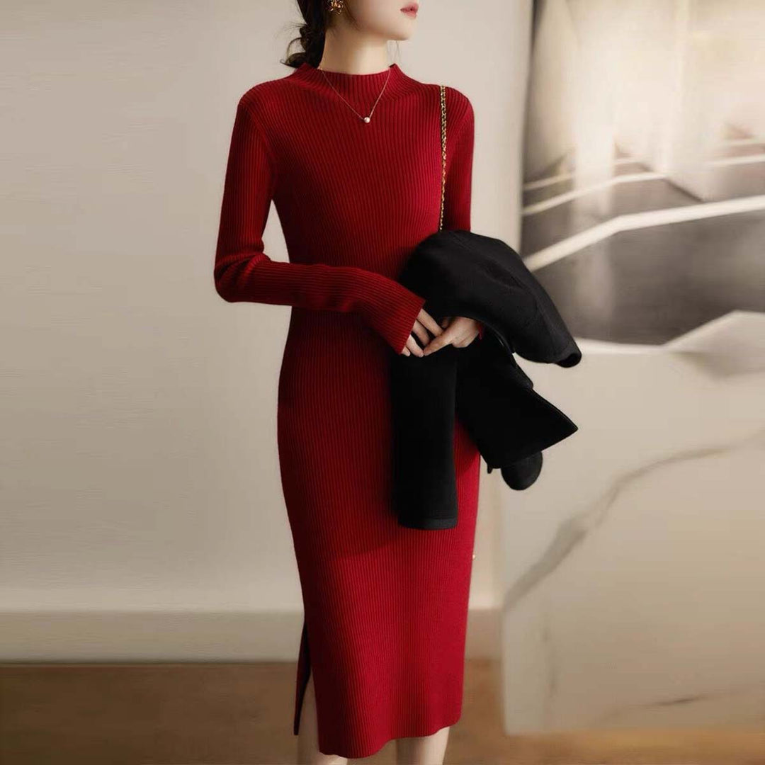 Damen Strickkleid mit hohem Kragen und Rippstruktur Drune