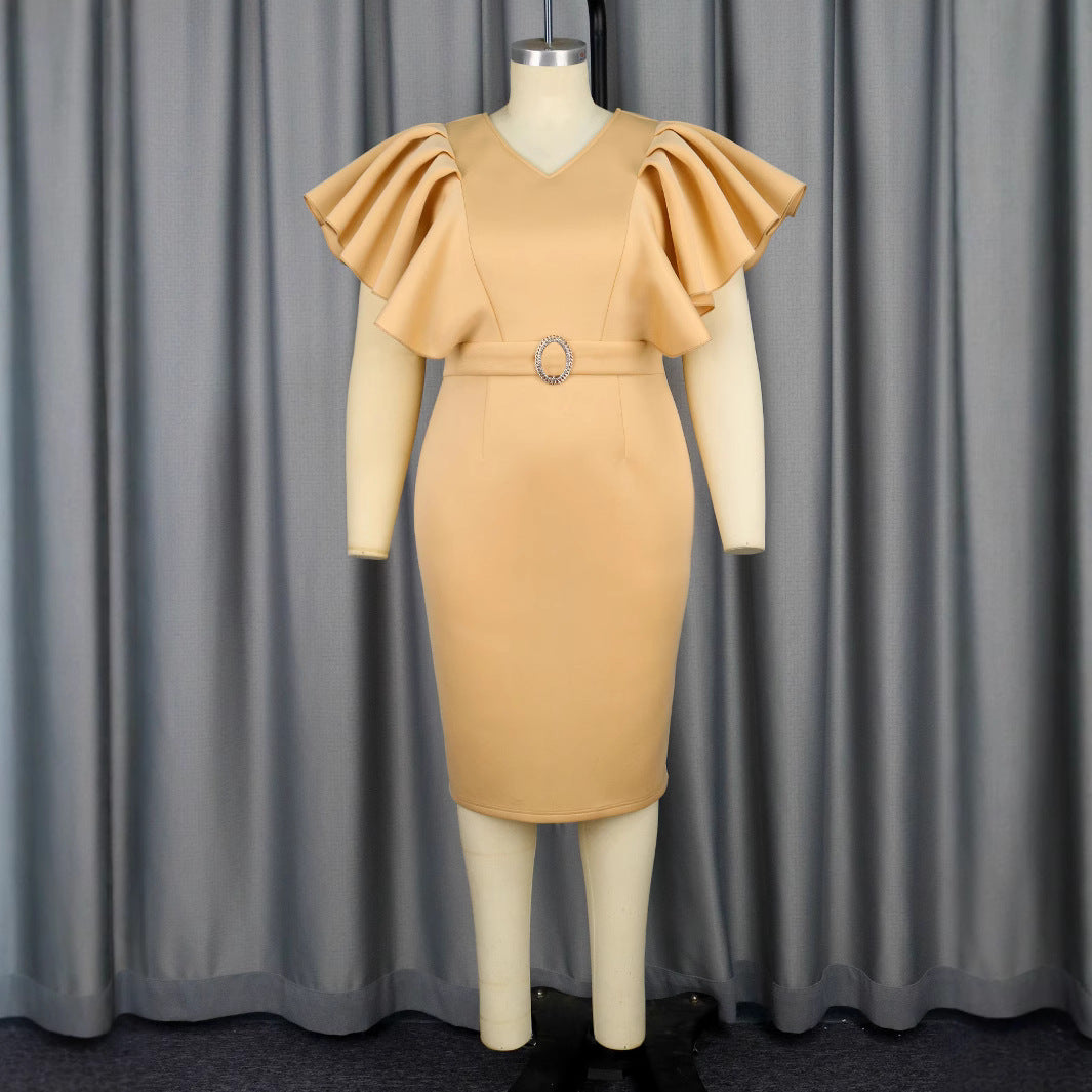 Damen figurbetontes Kleid mit voluminösen Rüschenärmeln und Taillengürtel Drune