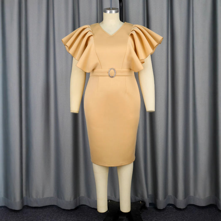 Damen figurbetontes Kleid mit voluminösen Rüschenärmeln und Taillengürtel Drune