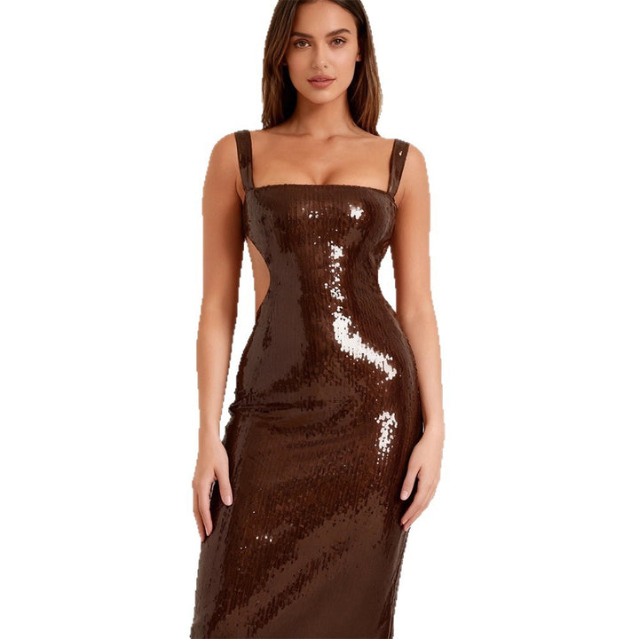 Damen Lange Pailletten-Robekleid mit schicker Silhouette und tiefem Ausschnitt Drune