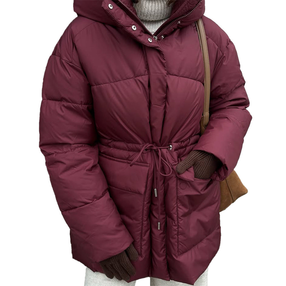 Damen gefütterte Daunenjacke mit taillierbarem Gürtel und hohem Kragen Drune